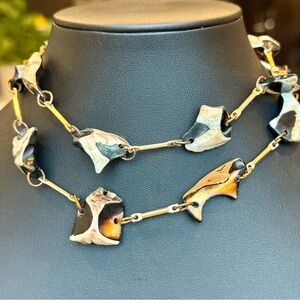 Unique Freeform Shell Bead Artisan Made Necklace Brads Tone Link 27”